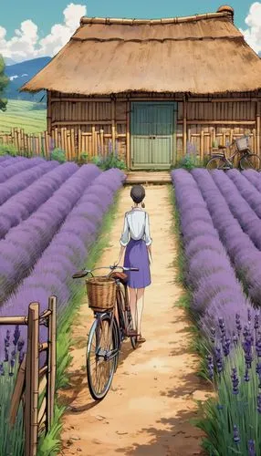 A charming French lavender field with a lone, rustic cottage and a bicycle leaning against a wooden fence.,the woman is walking with a bike in front of purple fields,lavender cultivation,lavender fiel