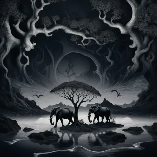 molten forest by dali and escher in quicksilver and ferrofuid splashes, Minimalism in a Negative Artistic Space,two elephants are standing in front of an ocean and tree,animal silhouettes,badland,apoc