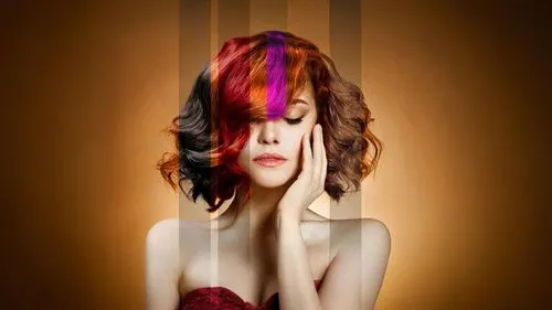 the woman with colorful hair is wearing a red dress,anchoress,image manipulation,photoshop manipulation,photo manipulation,rousse,photo art