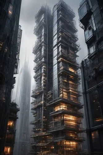 high rises,highrises,dystopian,arcology,urban towers,ctbuh,skyscraper,scaffolding,metropolis,futuristic architecture,unbuilt,apartment block,the skyscraper,barad,skyscraping,sedensky,cyberpunk,bladerunner,precipitator,tall buildings,Illustration,Black and White,Black and White 35