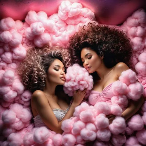 (Sensual art by Jim Lee, by Jasmine Becket-Griffith, by Amy Sol, by Fasfoto :1.5), (two women with curly hair, deeply in love and cuddling in a makeshift bed of pink cotton wool, their bodies glowing 