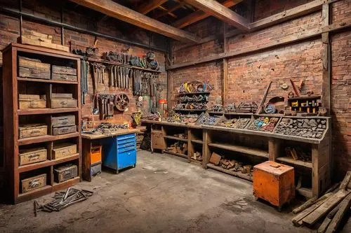 Brick, industrial, abandoned, architectural salvage store, Spokane, Washington, old warehouse, distressed wood, metal beams, vintage construction materials, reclaimed lumber, rusty machinery, worn con