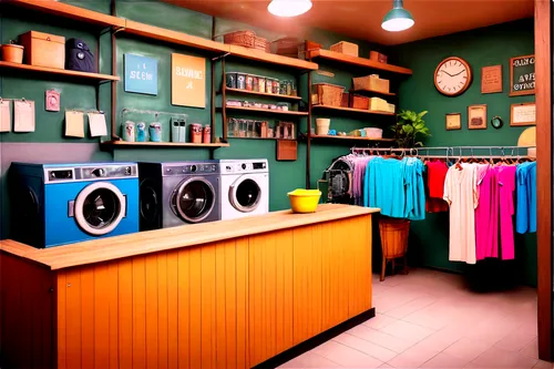 Laundry shop interior, vintage washing machines, metal racks, colorful clothes hanging, baskets filled with clean laundry, wooden counter, old-fashioned cash register, warm lighting, cozy atmosphere, 