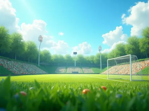 Stadium, sports field, green grass, lush vegetation, natural scenery, athletic tracks, football goalposts, soccer balls, tennis rackets, basketball hoops, Olympic torch, sporty ambiance, sunny day, cl