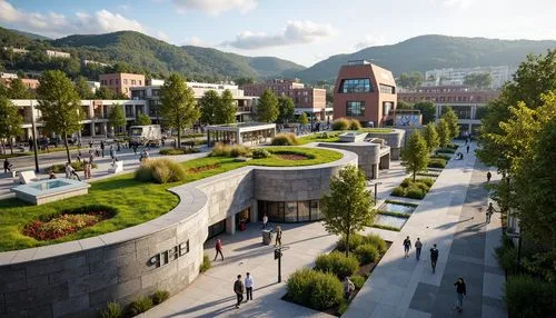 Scenic tram station, lush green roofs, natural stone walls, modern curved lines, transparent glass canopies, vibrant urban art, bustling cityscape, pedestrian-friendly plaza, accessible ramps, elegant