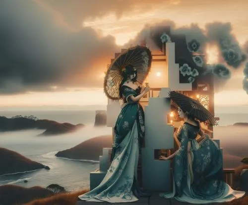 nude Beautiful japan girl, full dark curly hair, big green almond eyes, full black lips, misty sky,two beautiful women are standing on a cross with their parasols,priestesses,fantasy picture,sirens,rh