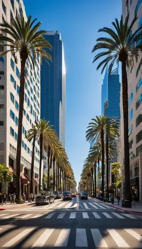 Downtown LA, modern architecture, skyscrapers, cityscape, metropolitan, busy streets, cars passing by, pedestrians walking, palm trees lining the sidewalk, blue sky with few white clouds, warm sunligh