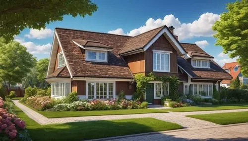 Asphalt shingle roof, modern residential building, suburban neighborhood, sunny day, clear blue sky, white clouds, detailed windows, brown wooden door, green lawn, blooming flowers, garden path, reali