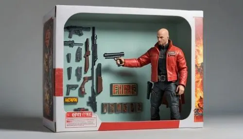 Action figure toy infographics, Label that says "Open Fire" on display box, Comic book style, ,action figure holding gun in toy display case,actionfigure,action figure,collectible action figures,zsasz