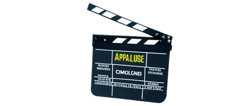 Clapboard, wooden handle, metal clips, shiny surface, spotlight, dark background, dramatic shadow, low-angle shot, shallow depth of field, high-contrast lighting, cinematic composition, bold font, "Ap