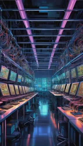 Pipeline computer architecture, futuristic laboratory setting, sleek metal tables, complex circuit boards, wires and cables tangled, CPU units lined up, motherboards with flashing LEDs, glass cabinets