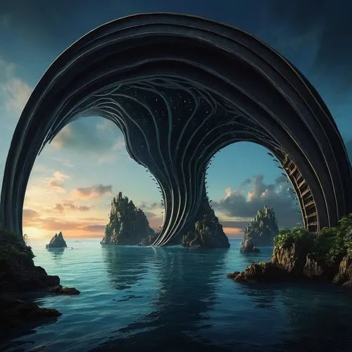 stargate,wormhole,portals,semi circle arch,fractals art,3d fantasy,fractal environment,futuristic landscape,torus,round arch,time spiral,half arch,waves circles,vortex,strange structure,fantasy picture,dragon bridge,fantasy landscape,fantasy art,natural arch,Conceptual Art,Sci-Fi,Sci-Fi 20