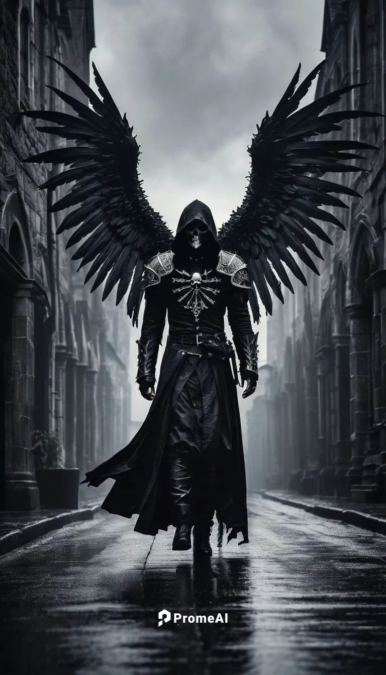 Death angel Walking on The Street, gloomy, dark, medieval,  side view,dark angel,black angel,the archangel,angel of death,death angel,black crow,archangel,black raven,killraven,corvus,king of the rave