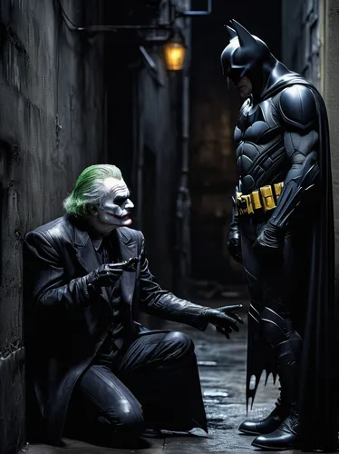 interrogation,joker,crime fighting,confrontation,interrogation point,talking,without the mask,comic characters,batman,sidekick,negotiation,cosplay image,conversation,with the mask,lantern bat,comic hero,photoshop manipulation,calling,bodypainting,kapow,Conceptual Art,Sci-Fi,Sci-Fi 02