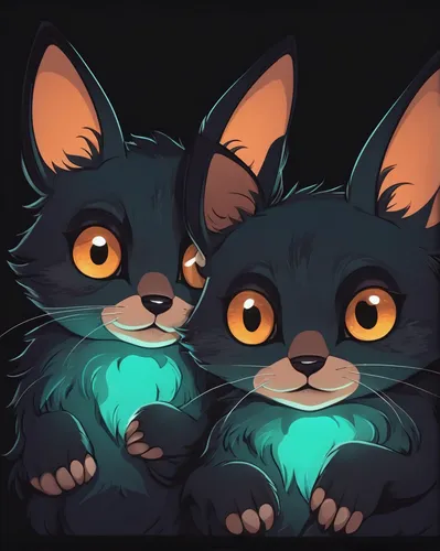 In a dark room, a pair of glowing little eyes peer out from a small furry face.,kittens,bear cubs,baby cats,two cats,corgis,foxes,werewolves,neon ghosts,plush dolls,meows,lion children,felines,two wol