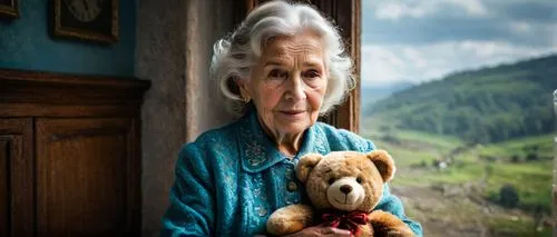 Time travel challenge July An elderly woman holding a teddy bear, reflecting on her childhood memories : As she holds the worn teddy bear in her frail hands, the elderly woman's eyes light up with a f