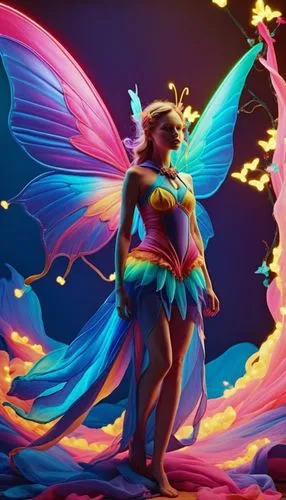 fairy, neon wings, sky,a girl with blue and pink wings standing in front of a flower decorated tree,aurora butterfly,butterfly background,rainbow butterflies,ulysses butterfly,neon body painting,fairy