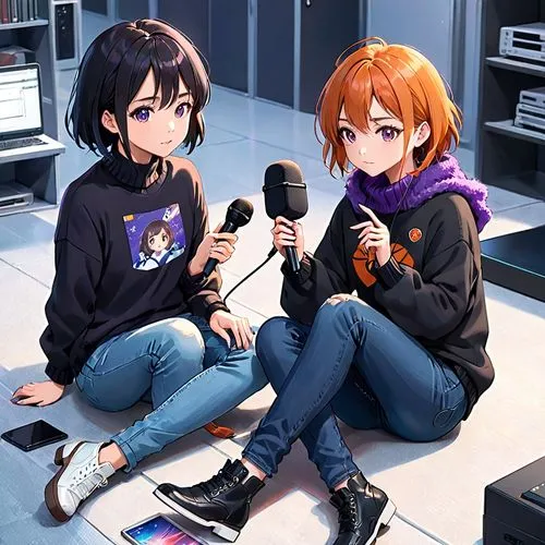 girl with very short black hair and purple fuzzy sweater and skinny jeans sitting on the floor with a microphone next to a girl with long orange  hair and black sweater and jeans with computer and mir