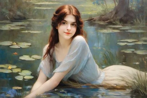 Beautiful 18 year old girl, oil painting in the style of the artist John William Waterhouse, in the style of the painting "Ophelia", colors are scarlet and blue



,girl on the river,water nymph,the b