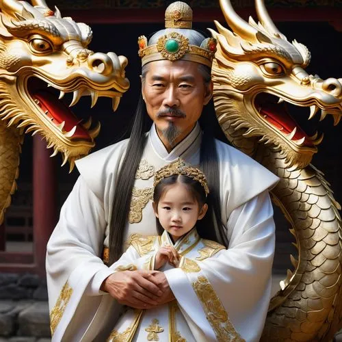 Chinese imperial palace of the Qin dynasty, the father of the emperor of China, dressed in imperial military clothes with golden dragons, decorated with jewelry, hugs his daughter, a very beautiful ch