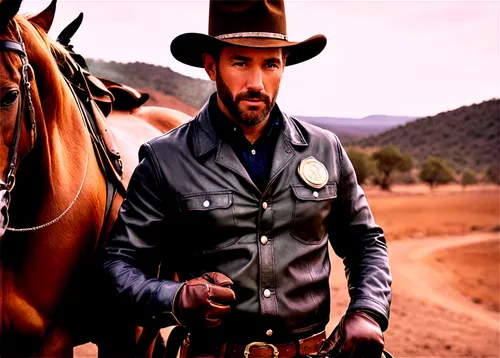 Farrier, cowboy hat, western style, rugged man, leather gloves, horse riding, rural landscape, golden badge, bold font, earthy tone, warm lighting, 3/4 composition, shallow depth of field, cinematic f