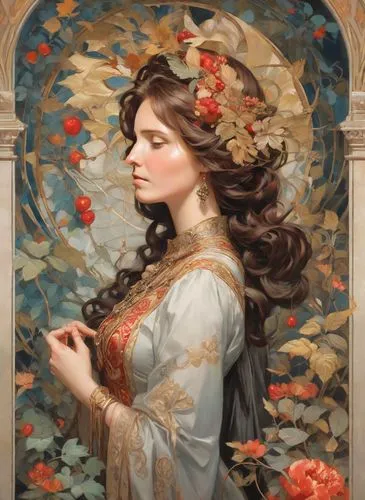 A surreal and mesmerizing painting by Alphonse Mucha, reflecting the influence of Qajar art, depicting an enigmatic woman with two luxurious cones of curled hair on the sides of her head, above her te