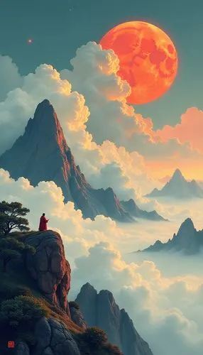 mononoke,inuyasha,fantasy landscape,cloud mountain,mountain sunrise,konietzko,Illustration,Realistic Fantasy,Realistic Fantasy 46