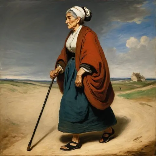 and old woman side view of her walking wearing a bun with a walking stick and no floor or background,old woman,woman playing,elderly lady,shepherdess,zurcher,tiepolo,bedouin,woman with ice-cream,woman