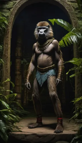 prehistory,cave man,anthropomorphic,mandrill,forest king lion,tamarin,anthropomorphized animals,tamborim,digital compositing,world digital painting,barbarian,north american raccoon,tribal chief,raccoon,madagascar,monkey island,caveman,rocket raccoon,bushmeat,male character,Illustration,American Style,American Style 08