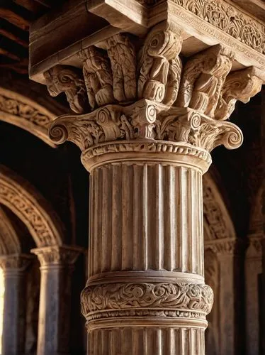 Ancient column, ornate capital, classical pedestal, rusticated base, sturdy pilaster, vaulted ceiling, grand entrance, historic monument, monumental structure, ancient ruins, abandoned temple, mysteri