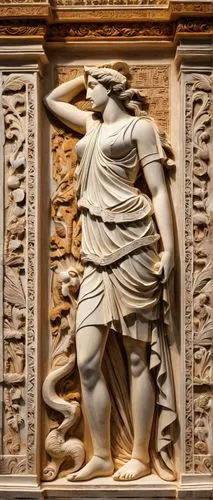 Ancient Greek-inspired relief, ornate carvings, intricate details, marble material, smooth texture, columnar structure, grandiose scale, historic ambiance, warm sunny lighting, high contrast, dramatic