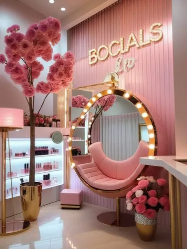 well-stocked luxury makeup store interior of beauty salon pleasant atmosphere excellent luxury lighting delicious aroma in it counters with shadows and makeup, mirrors with lights and hairdressing cha