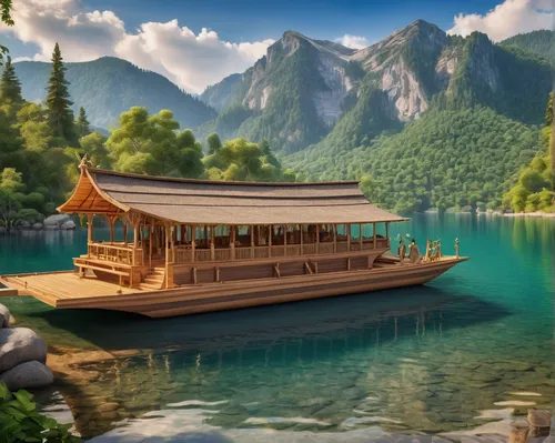 fishing float,picnic boat,house with lake,houseboat,boat landscape,floating huts,wooden boat,landscape background,house by the water,beautiful lake,boat house,floating restaurant,floating over lake,long-tail boat,floating stage,world digital painting,floating on the river,the cabin in the mountains,pontoon boat,golden pavilion,Photography,Fashion Photography,Fashion Photography 04