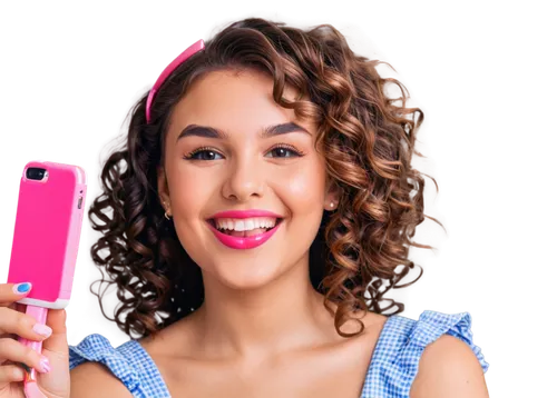 Girl, selfie, tongue out, smiling face, bright eyes, colorful hair clips, curly brown hair, pink lipstick, glossy lips, white teeth, cheek dimples, soft skin, gentle facial expression, close-up shot, 