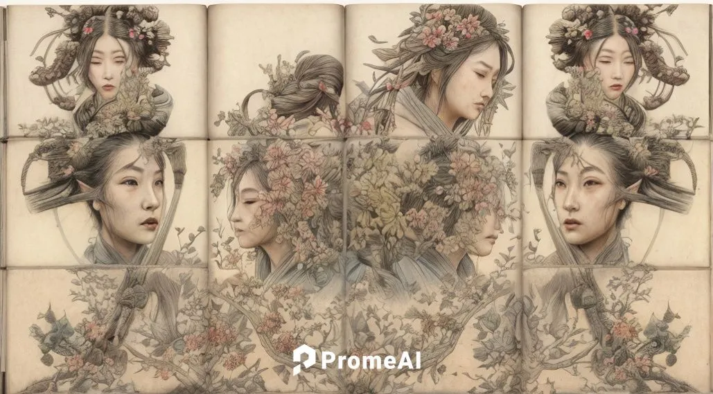  woman ai summer queen in garden,oriental painting,japanese floral background,chinese art,japanese art,amano,taiwanese opera,multiple exposure,chinese screen,peking opera,antique background,floral jap