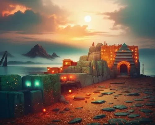 fantasy landscape,ancient city,sea shore temple,fantasy picture,3d fantasy,agrabah,Illustration,Realistic Fantasy,Realistic Fantasy 25