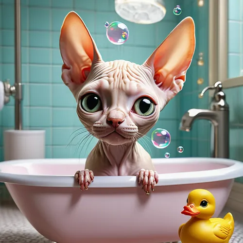 professional masterpiece, cuteness overload hyperrealism, expressive eyes, acrylic painting on canvas, detailed bathroom interior, highly detailed chibi sphynx kitten wearing hat bathing in bath, foam