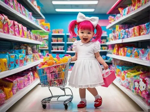 little girl in pink dress,doll shoes,shopper,toy store,doll kitchen,shopping icon,woman shopping,toy shopping cart,candy store,fashion dolls,child shopping cart,aisle,consumerism,salesgirl,fashion doll,supermarket,doll dress,cleaning supplies,grocery shopping,shopkeeper,Illustration,Paper based,Paper Based 18