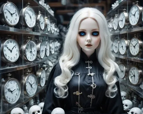 a mage with long white hair in a black robe casts an ice spell in a room full of clocks, the mystical and monumental atmosphere of the picture,clockmaker,porcelain dolls,clocks,clockmakers,timekeeper,