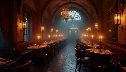 Gothic style restaurant, dimly lit, mysterious ambiance, candelabras on tables, hanging lanterns with intricate metalwork, dark red velvet curtains, stone walls, vaulted ceilings, ornate wooden chairs