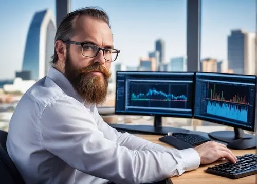 Solution architect, male, mature, beard, glasses, white shirt, dark blue jeans, sitting, desk, multiple monitors, keyboards, AEM dashboard, Adobe logo, modern office, cityscape, daytime, natural light