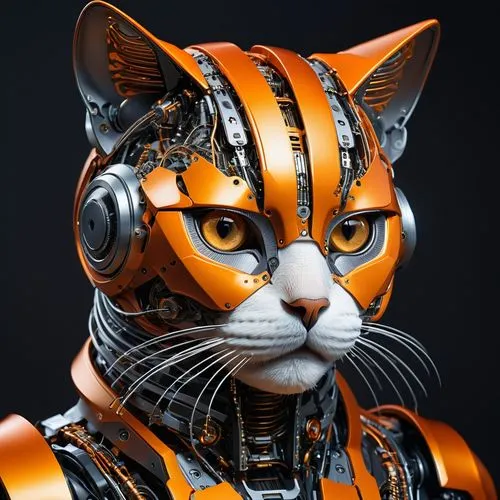 Photorealistic Lifelike 8K, Image of cybernetic device Constructed in the framework shape of an entire small realistic looking domesticated normal sized orange feline a futuristic high-tech ultramoder