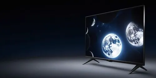 a philips tv standing dark glass.  with fully HD universe with stars and moon  on the background,a tv with its image projected on it,plasma tv,television,hdtv,oled,audiovisual,oleds,Photography,Genera