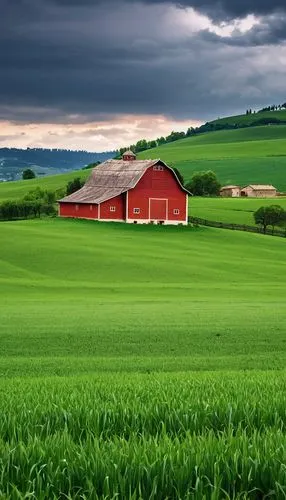 there is a red barn in the middle of a green field, high quality desktop wallpaper, hd wallpaper, house on a hill, landscape wallpaper, high quality wallpaper, beautiful wallpaper, beatiful house, cou