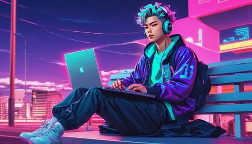 cyberpunk,computer addiction,cyber,coder,world digital painting,man with a computer,computer freak,computer,laptop,girl at the computer,freelancer,80's design,80s,night administrator,neon,modern,neon lights,digitalart,neon light,digital nomads,Conceptual Art,Sci-Fi,Sci-Fi 28