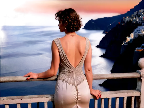 vettriano,girl in a long dress from the back,jovovich,beren,oreiro,evening dress,ardant,simmone,overlook,capri,backless,aphrodite's rock,scherfig,oceanview,positano,clifftop,seaside view,ocean view,aphrodite,anousheh,Conceptual Art,Fantasy,Fantasy 01