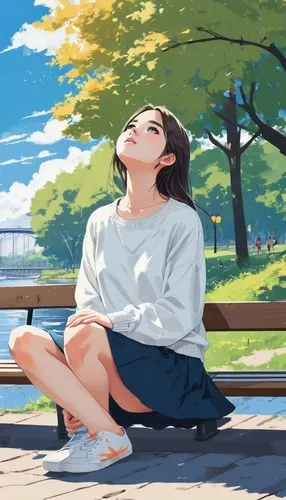 girl sitting,summer day,hausser,park bench,girl lying on the grass,hikari,chihaya,summer background,tomoyo,tamako,girl studying,relaxed young girl,summer sky,daydreaming,nodame,serene,hosoda,girl in a long,springtime background,landscape background,Illustration,Japanese style,Japanese Style 06