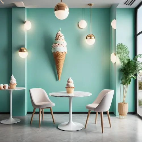 ice cream shop,neon ice cream,pastel colors,ice cream icons,ice cream parlor,modern decor,blue lamp,color turquoise,ice cream cones,interior decoration,neon coffee,blur office background,cuckoo light elke,ice cream bar,visual effect lighting,interior design,sorbet,blue mint,breakfast room,search interior solutions,Photography,General,Realistic