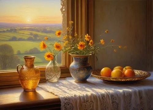 sunflowers in vase,still life of spring,summer still-life,windowsill,autumn still life,spring morning,window sill,yellow orange,oil painting,carol colman,golden light,fineart,carol m highsmith,splendor of flowers,home landscape,still life,morning light,art painting,oil painting on canvas,the evening light,Art,Classical Oil Painting,Classical Oil Painting 13