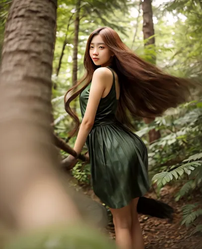 ballerina in the woods,little girl in wind,asian semi-longhair,dryad,faerie,fae,forest background,fluttering hair,in the forest,mt seolark,oriental longhair,girl with tree,wood elf,frolicking,forest clover,faery,chestnut forest,green dress,fairy,little girl fairy